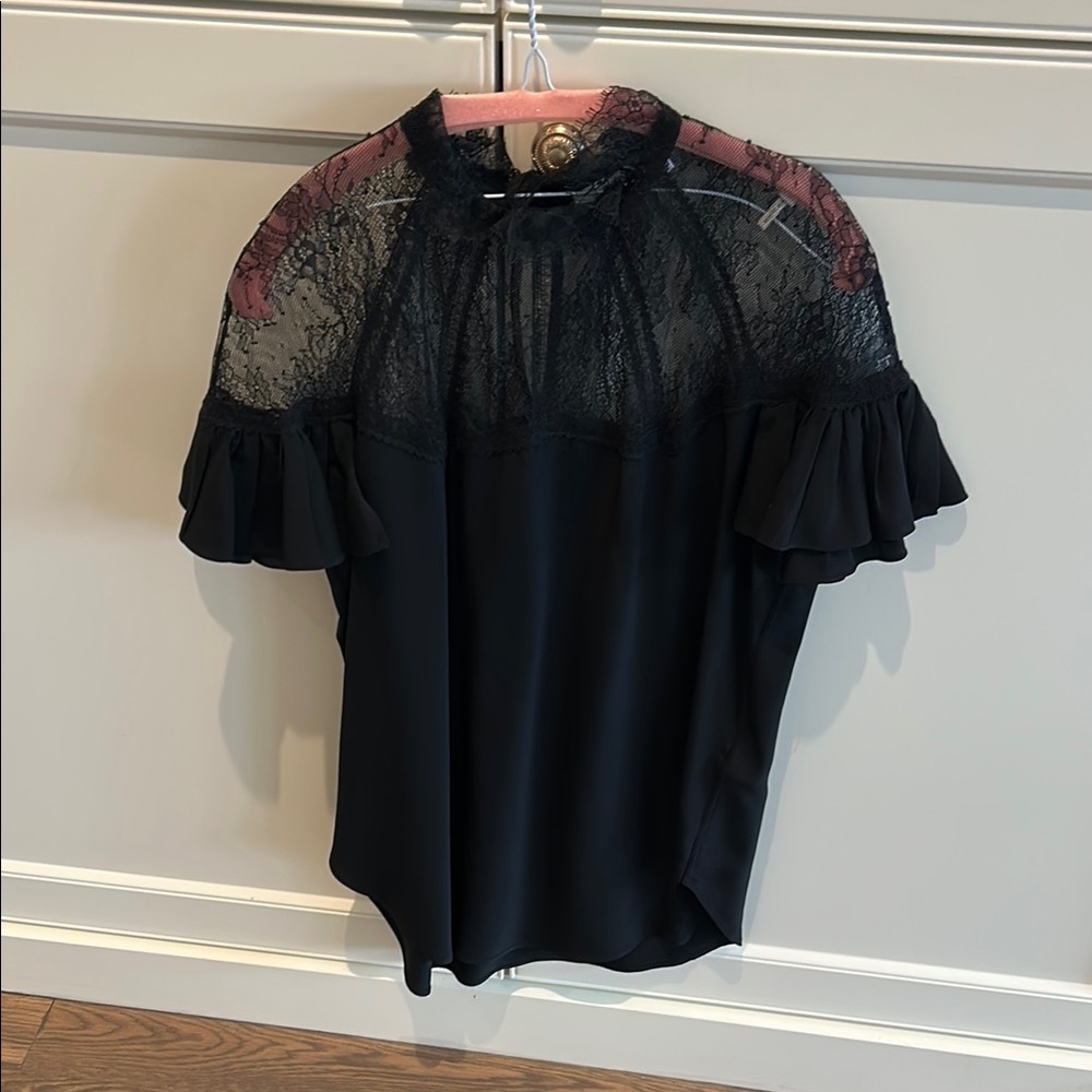 Sandro Black Ruffled Blouse with Mandarin Collar